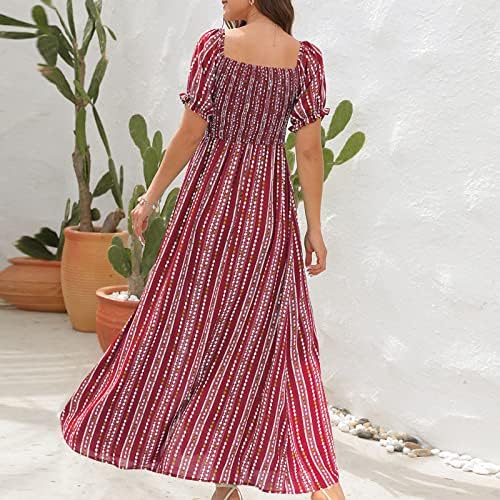 Vestido de verão floral feminino Floral Dress Square Neck Ofim de ombro de manga curta Smock uma linha Flowy Slit Maxi Long vestidos