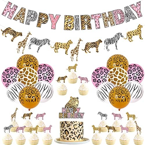 Decorações de aniversário rosa Cheetah para menina - Salva de safari Decorações de festa tem temas com faixa de feliz aniversário,