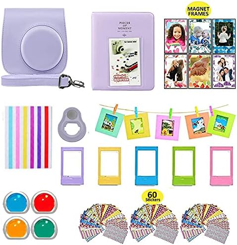 Fujifilm Instax Mini 11, pacote de acessórios de câmera Purple Lilac, conjunto inclui: estojo de câmera com cinta, 1 álbum, 4 filtros coloridos, lente selfie, 6 ímãs + 10 pendurados + molduras criativas, 60 adesivos.