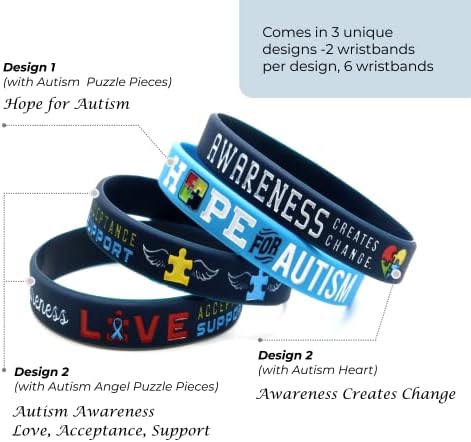 Bracelets de conscientização do autismo Inkstone - pacote a granel de 6 pulseiras de borracha de silicone para simbolizar esperança,