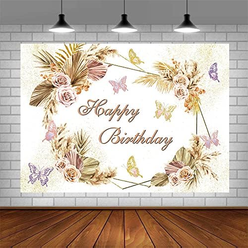 Aibiin 7x5ft boho borboleta feliz aniversário cenário para menina flores rosa pampas grama fotografia de butterfly butterfly festas decorações de banner capa de foto adereços