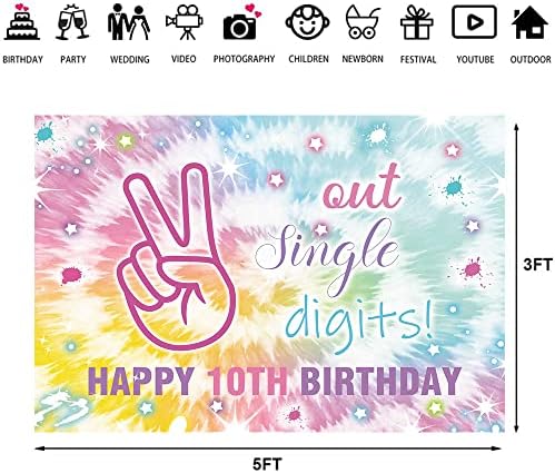 Hilioens 5 × 3ft feliz 10º aniversário fora dígitos Digitados Tie Dye Rainbow Girls Birthday Eu sou 10 Antecedentes para fotografia Girls Décimo aniversário Decorações de faixas de festa
