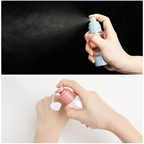 PWSAP 4 pacote de 1 oz Vacuum Cosmetic Travel Recker, Spray e bombeamento de kits de garrafa de viagem com funil para produtos de higiene pessoal, TSA Tamanho da viagem Aprovado garrafa recarregável, kit de contêiner sem ar sem vazamento