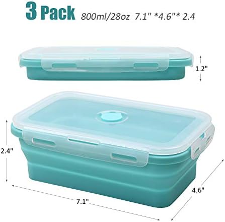 Alimat Plus Silicone Food Storage Rechiers com tampas - 3 Pack Conjunto 28oz/800ml Refeições de refeições dobráveis ​​Preparar recipientes - Microondas, freezer e lavadora