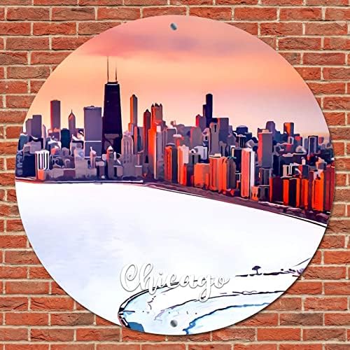 Placa redonda de metal placa americana Illinois State Chicago City Skyline cenário Cityscape City View Vintage Wreath Sign