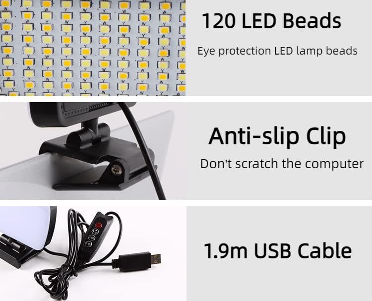 Video Selfie Light com 3 modos de luz para iluminação de webcam para maquiagem LED LED LUZ para remoção, trabalho para trabalhar para transmitir a maquiagem com o clipe frontal e traseiro ajustável