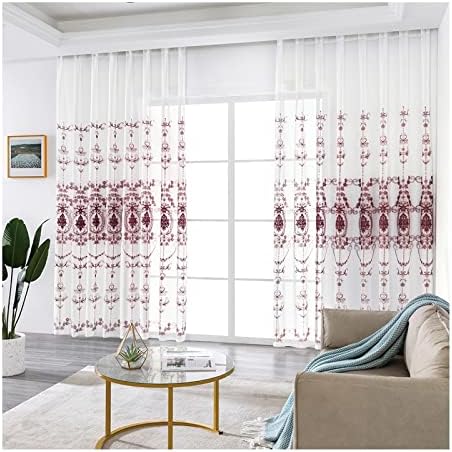 DAESAR 2 painéis cortinas semi -transparentes para sala de estar, cortinas de linho de vinhos de vinhos de voz pura do bordado de flores vintage de flores vintage cortinas de janela 38 w x 45 l