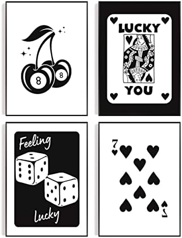 Lucky You Queen of Hearts Poster Conjunto de 4 pôsteres de cartas para o quarto estético Lucky You Black and White Wall Art Decor
