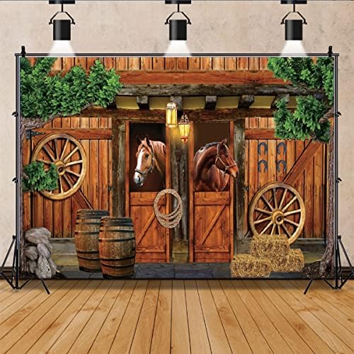 One Wild West West estável cenário de capa de cowboy ocidental em rodas de chá de bebê de celeiro MEWS Fundamento de fundo Horse Rustic fazenda de madeira Porta de madeira Decoração de festa de aniversário