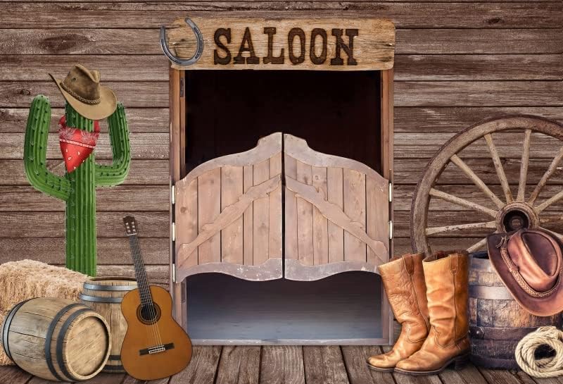 Fotografia de cowboy cenário de 7 x 5 pés de madeira rústica Porta de celeiro saloon salão selvagem vinil oeste cenário ocidental Party Party Background for Baby Subby meninos de aniversário decoração de casamento