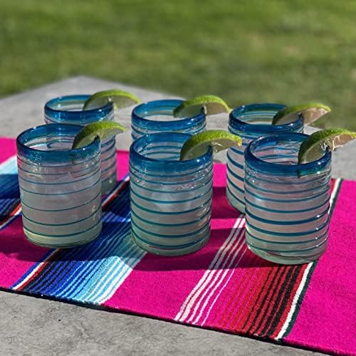 Órgoras de bebidas mexicanas sopradas à mão - conjunto de 6 copos de copos com um design de espiral aqua