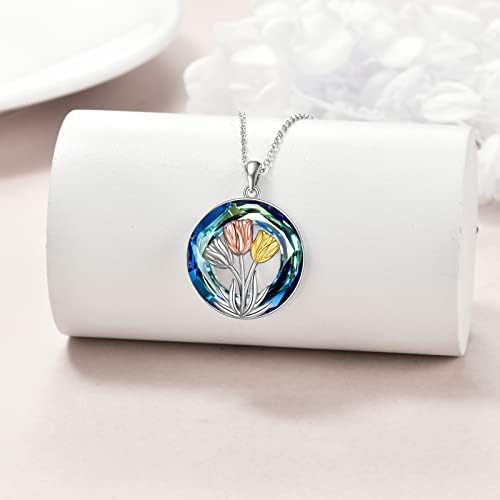 Crmad Day Day Gifts for Mom Tulips Colar Sterling Silver Silver Crystal Flor Tulips Jóias Presentes