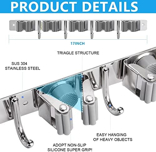 Homten 2 pacotes portador de vassoura Mount Mount Broom Organizador Montagem de parede Montagem de aço inoxidável MOP Organização de armazenamento de parede para serviço pesado Organização de armazenamento para cozinha/lavanderia/despensa/casa/garagem 5 racks 4 ganchos