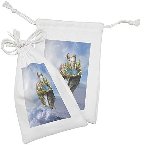 Conjunto de bolsas de tecido de fantasia de Ambesonne de 2, ilha com cachoeira da torre do castelo de dragão e montanha invertida