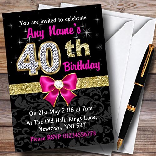 Pink Black Gold Diamond 40th Festa de aniversário convites personalizados