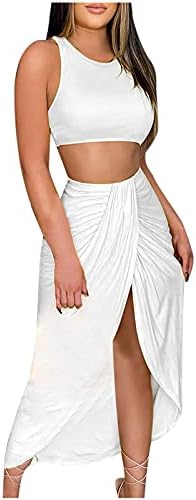 Womens Sexy High Split Scistt Skirt Conjunto de tampas curtas sem mangas sólidas e vestidos ruched assimétricos
