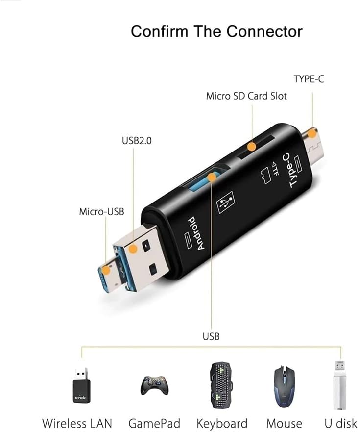 Volt+ 5 em 1 Cartão multifuncional Leitor compatível com Xiaomi Mi Max 2 tem USB tipo C/ microUSB/ TF/ USB 2.0/ SD Reader