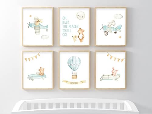 BumbleBoo Oh baby Os lugares que você vai estampa de berçário, estampas de berçário de avião, arte da parede do berçário do avião, Dr. Seuss Nursery Print, Dr. Seuss Bursery Quote, conjunto de 6, sem moldura, 8x10 polegadas