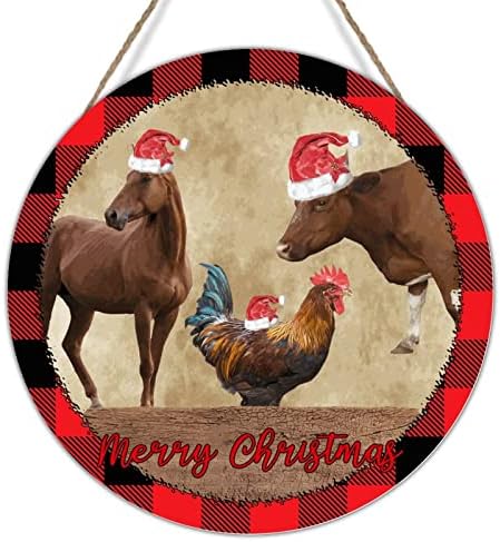 Christmas Front Door Wreath Wreath Vintage Xmas Red Plaid Farm Animal Sign Decoração de parede Fazenda porco de vaca galo