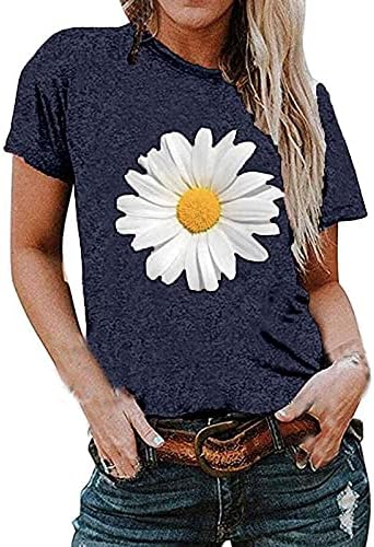 Camisetas de verão para mulheres 2023, blusa de manga curta feminina Daisy Floral Print Basic Summer camisetas camisetas
