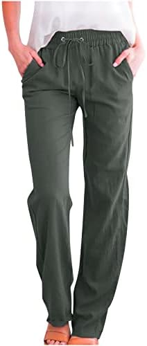 Calças de linho Oplxuo para mulheres Casual Casual Casual Ponta de perna larga com bolsos calças de linho de linho de