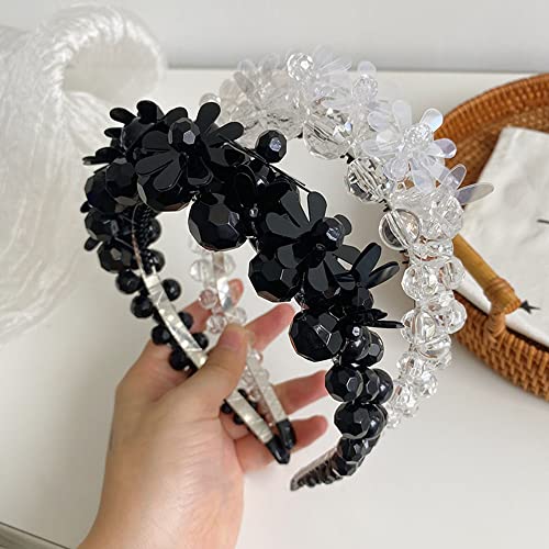 Wiwpar Crystal Rhinestone Bandas para mulheres Boho Sparkly Flower Head Bands Black Wide Pearls Mertes