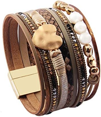 Pulseira de couro azora Azora Multi Strands Bangle bege com jóias pearl boho para mulheres adolescentes presentes