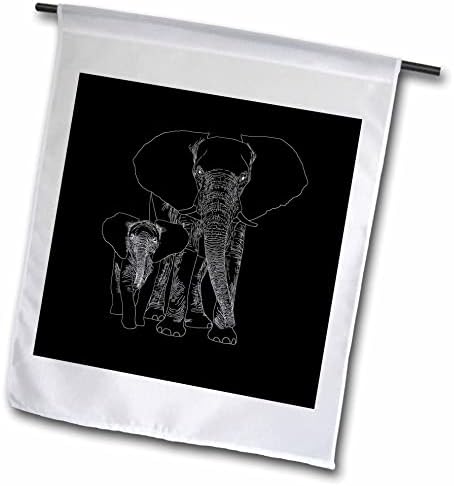 3drose preto e branco desenho da vida selvagem e elefante africano e bebê. - Bandeiras