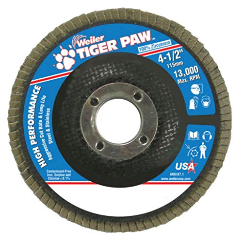 Weiler 51108 4-1/2 Tiger Paw Abrasive Flap Disc, Backing Plano, Fenólico, 40z, Hole de Arbor de 7/8, fabricado nos EUA