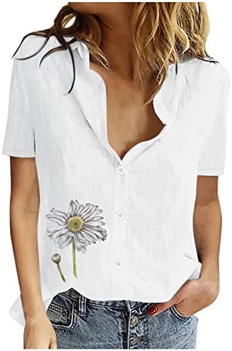Botão feminino para baixo tops de linho de algodão, camisa de camisetas gráficas de manga curta solta para meninas para meninas adolescentes clássicas de trabalho de trabalho