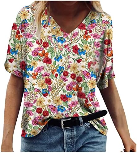 Tops femininos casuais boho estampas florais camisetas camisetas v pesco