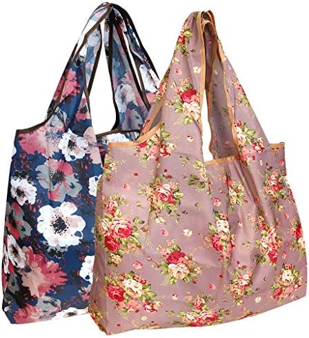 Allydrew grande bolsa de mercearia reutilizável de nylon dobrável, 2 pacote, flamingos tropicais