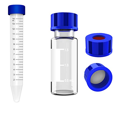 Combo de tubos de centrífuga e frascos de amostrador de 2 ml, [15ml, 50pcs] Tubos de parafuso à prova de vazamento de polipropileno estéril, 9-425 HPLC, tampa de parafuso, PTFE branco e septos de silicone vermelho, 100 pcs