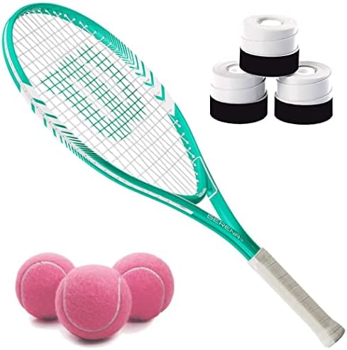 Wilson Serena Junior Tennis Racquet Faciled com overgrips e bolas de tênis rosa