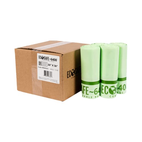 ECOSAFE -6400 HB2636-8 Bolsa compostável certificada - 26x36 Bolsas verdes para lixo de 20 galões - vazamento extra forte, punção e restos de alimentos resistentes a lágrimas, pacote de 165