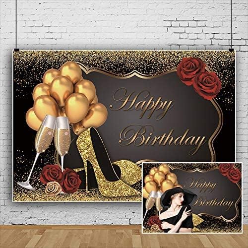 Black Gold Glitter Feliz Aniversário Passo, Yeele 12x8ft Balões de ouro de lantejoulas altas saltos altos Champagne Rosa