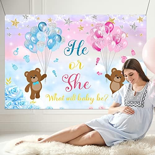 Decoração de festas de revelação de gênero- chá de bebê de urso, ele ou ela ou ela bakcdrop, rosa e azul adereços de fundo banner