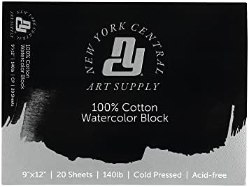 New York Central algodão Blocos de papel aquarela - Pressão de aquarela premium sem ácido a ácido para artistas, pintura, mídia de água, profissionais e muito mais! - 9x12