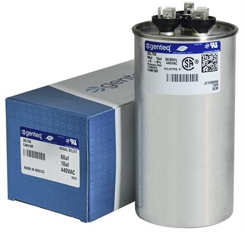 GE/Genteq 25L756/C46010R - 60 + 10 UF MFD 440 VOLT Vac Genteq redonda redonda de capacitor de corrida dupla