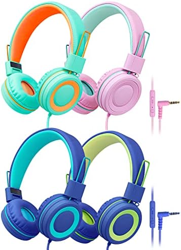 Fones de ouvido 4Pack Kids com microfone, fones de ouvido para crianças para a escola, 98dB Volume Limited Over-Ear Wired Fones de ouvido para crianças meninas, fones de ouvido de criança dobrável para PC/laptop/escola/tablet/viagem