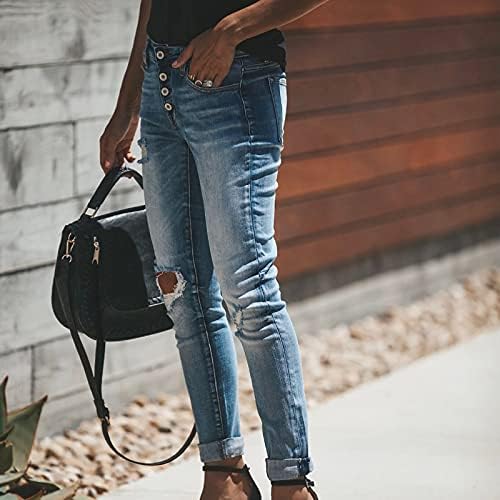 Jeans de botão de alongamento de ajuste com bolsos jeans largos de perna larga jeans magros jeans altos femininos femininos calças femininas