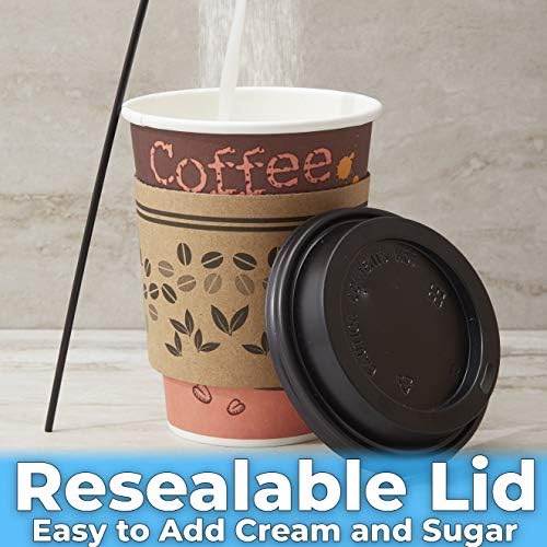 Decorativo sem vazamento 12 oz de café descartável xícara de café 100pk com mangas, tampas e agitadores. Pacote de