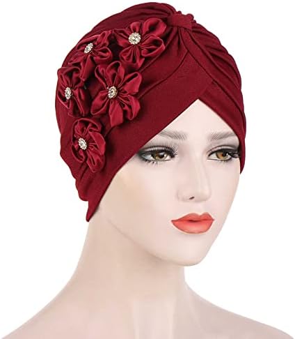 Casual feminino Cinco flores pequenas flores de cabeça sólida boné de cabeceira muçulmana boné de turbante equipado com boné