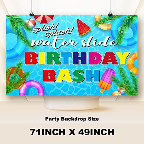 Slide aquática Birthday Bash Party Party Baskdrop Splish Splash Pool Bordal Banner Photo Booth Party Bolo Decorações de parede, 71 x 49