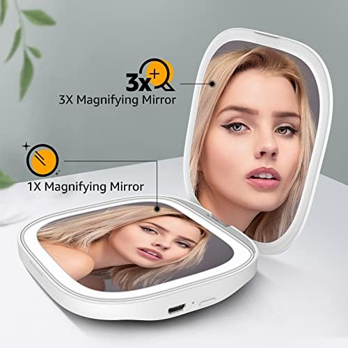Zelaxy Recarregável LED iluminado espelho de maquiagem, espelho compacto de ampliação 1x 3x, iluminação de 3 cores, brilho ajustável,