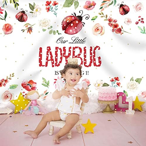 RSUUUINU Ladybug tema 1ª festa de aniversário Girls Primeiro Antecedentes de Aniversário Nossa Pequena Joaninha está transformando um filhos feliz 1º aniversário de festa de festas suprimentos banner booth adereços de 7x5ft