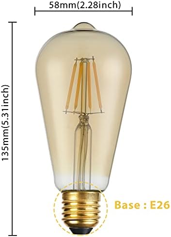 Fabuled Bulbos LED de filamento ST19, lâmpada vintage de vidro âmbar, base E26, 8watts equivalente 60watts, 2300k branco quente, 6-pack