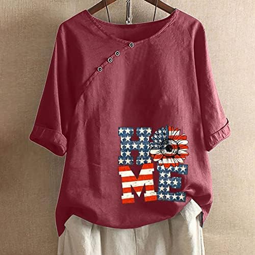 Mulheres finas camisa de manga comprida Independence Dia Summer Womens Halve Sanve V Botão lateral do pescoço Floral Fit Tee