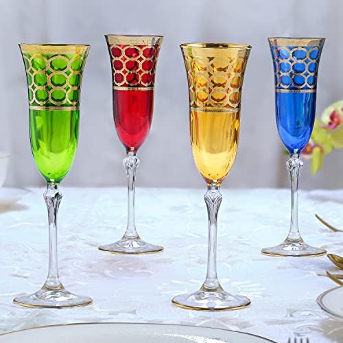 Lorren Home Trends Multicolor Champagne Flautes com anéis de ouro, conjunto de 4