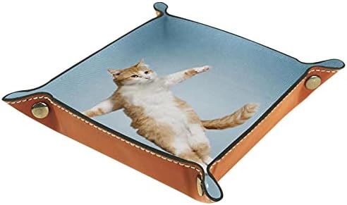 Declancing Rolling Dice Games Bandejas de jóias quadradas de couro e relógio, chave, moeda, Candy Storage Box Yoga Orange Cat